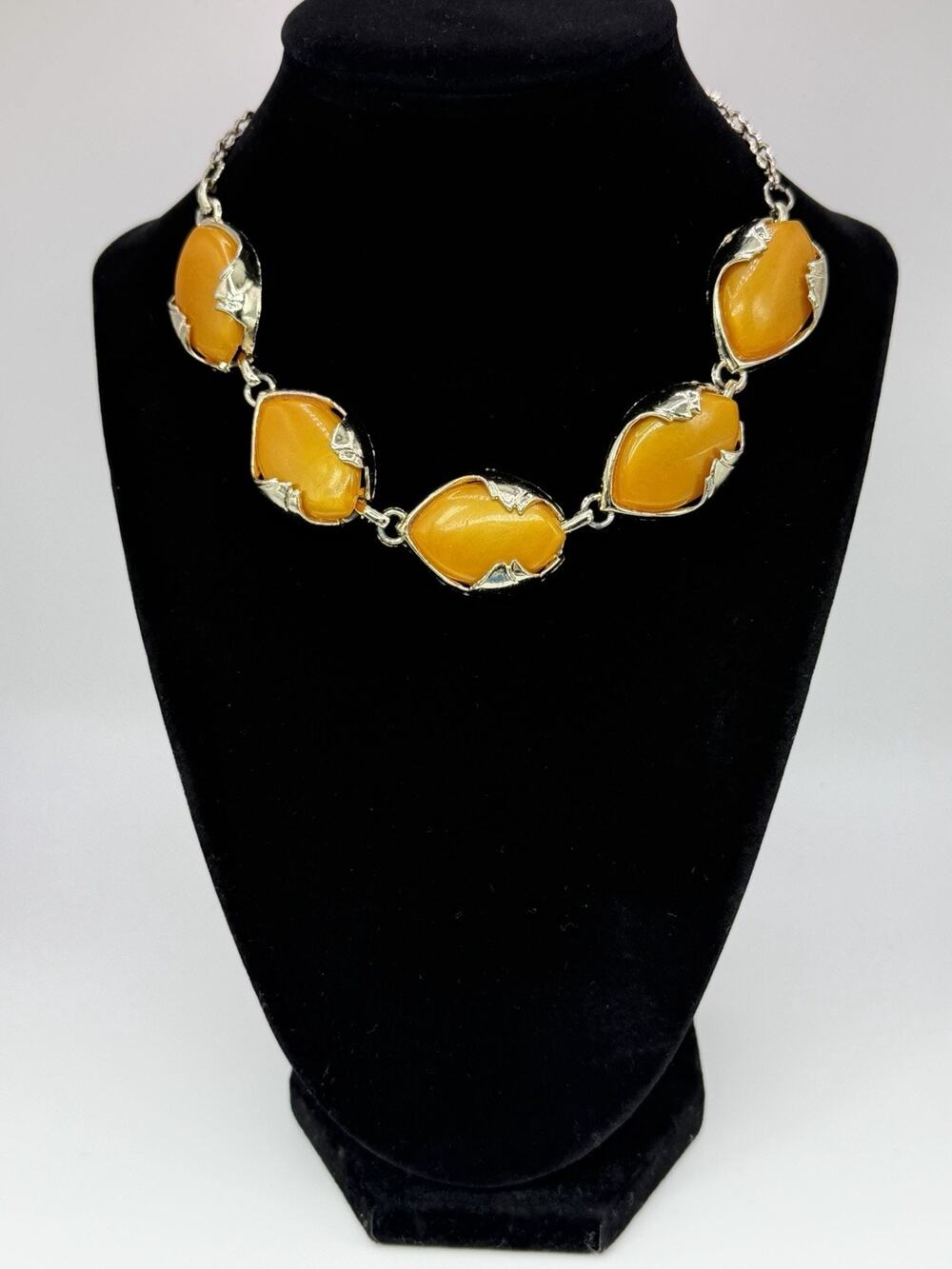 Vintage Orange Lucite Chunky Silver Tone Choker Necklace Modernist Statement